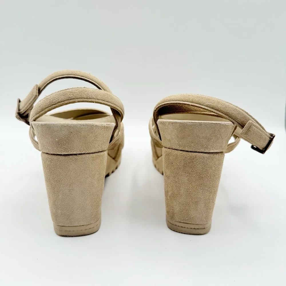 Pedro Garcia Jodie Suede Wedge Sandal Ankle Strap Heel Beige Size 35.5 5.5 $595